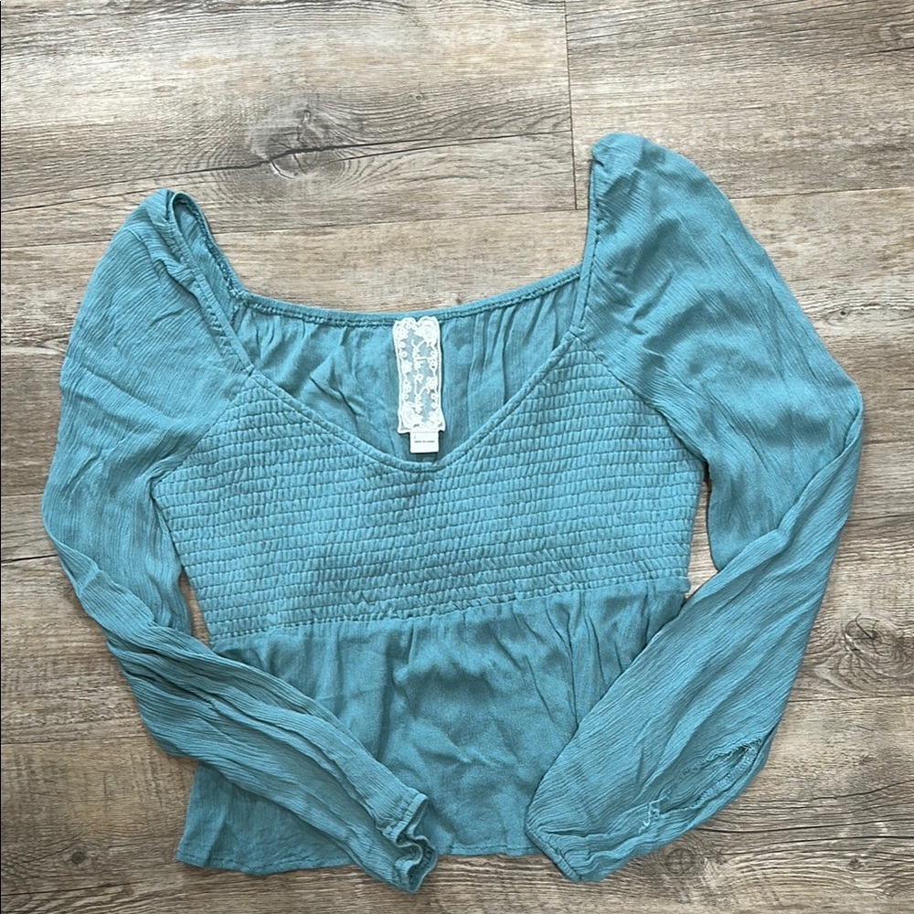 Sadie & Sage Blue Smocked Peplum Blouse
